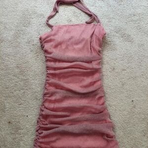 Shimmery Pink ruched halter dress